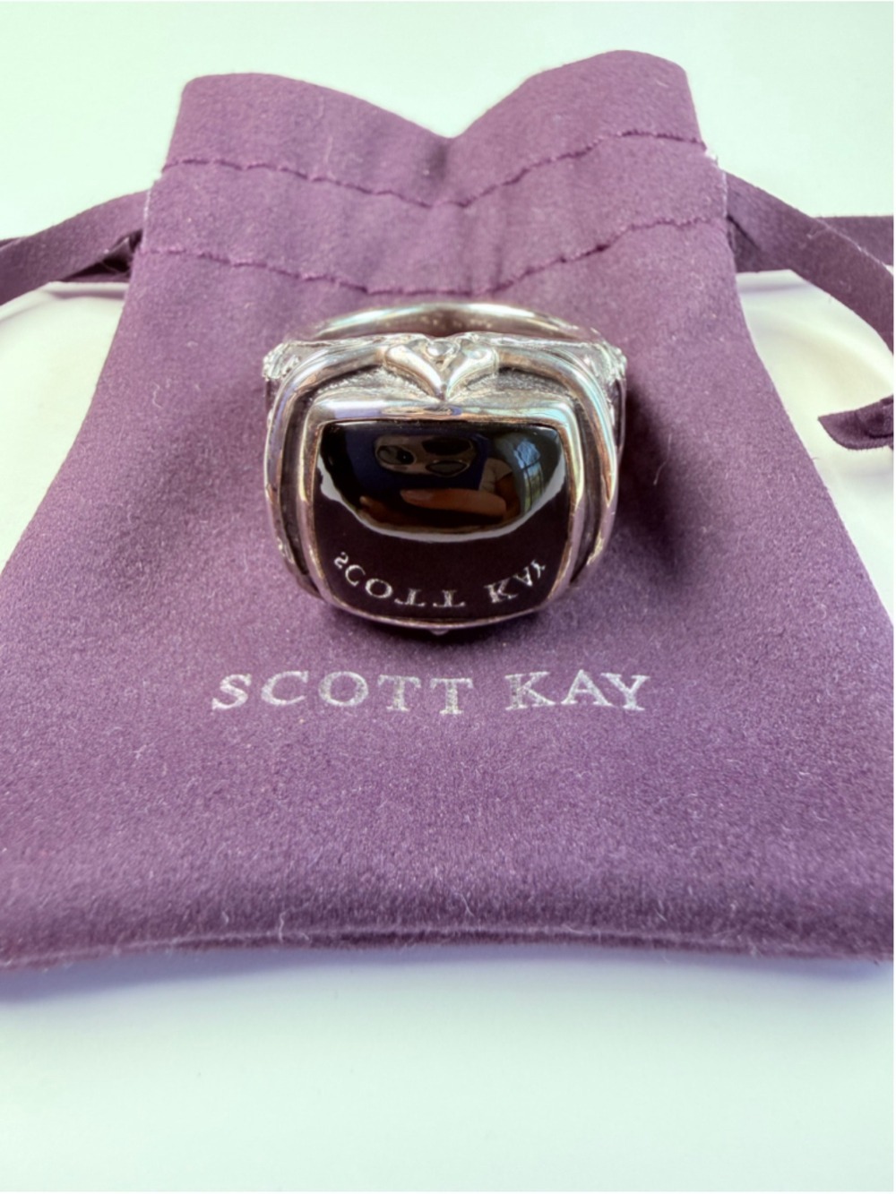 Scott Kay Unkaged BIG Onyx Signet Rivet Chrome 925 Sterling Silver Hearts Ring